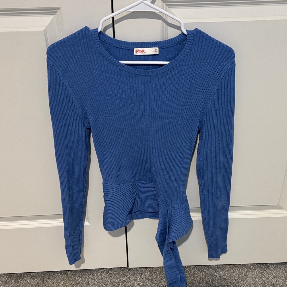 Blue Long Sleeve Ribbed Top